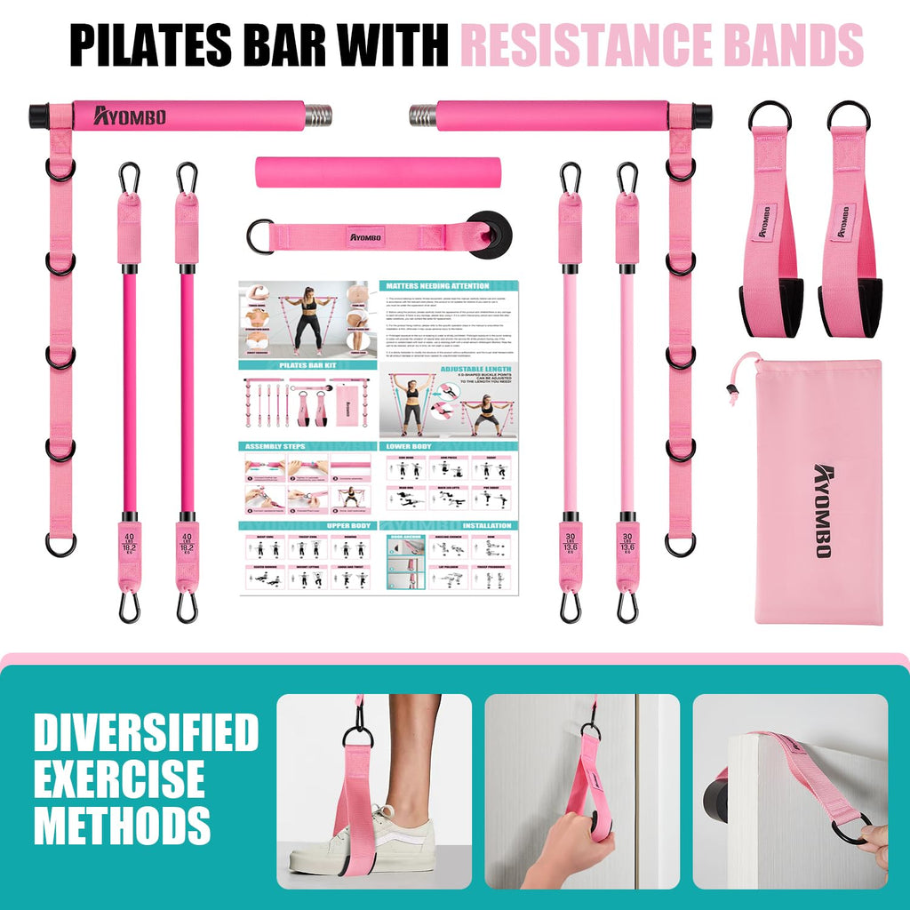 Pilates Bar Kit with Resistance Bands, Pilates Workout Equipment for Legs, Hip, Waist, Arm, Squats Exercise Equipment for Home Workouts, Adjustable 3-Section Pilates Bar Kit for Women & Men