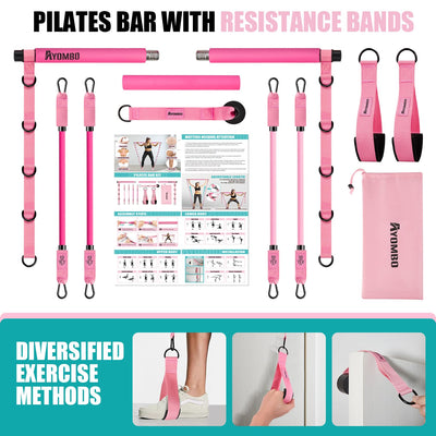 Pilates Bar Kit with Resistance Bands, Pilates Workout Equipment for Legs, Hip, Waist, Arm, Squats Exercise Equipment for Home Workouts, Adjustable 3-Section Pilates Bar Kit for Women & Men