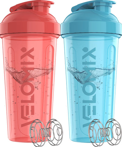 VELOMIX -2 Pack- 28 oz Protein Shaker Bottles for Protein Mixes - 2x Wire Whisk | Leak Proof Shaker Cups for Protein Shakes | Protein Shaker Bottle Pack (Black/Transparent)