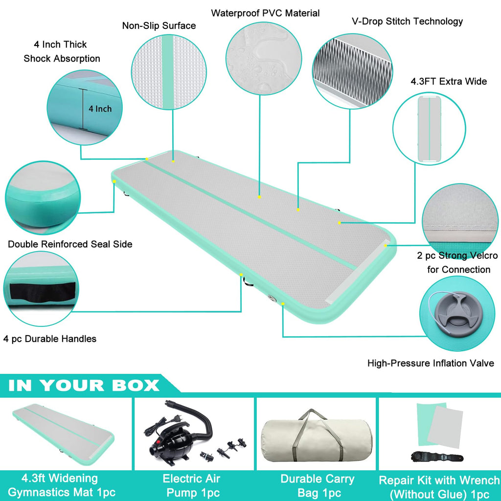 13ft/16ft/20ft Inflatable Air Gymnastics Mat Training Mats 4.3ft Widening 4 inches Thickness Gymnastics Tracks with Electric Air Pump for Home Use/Training/Cheerleading/Yoga/Water