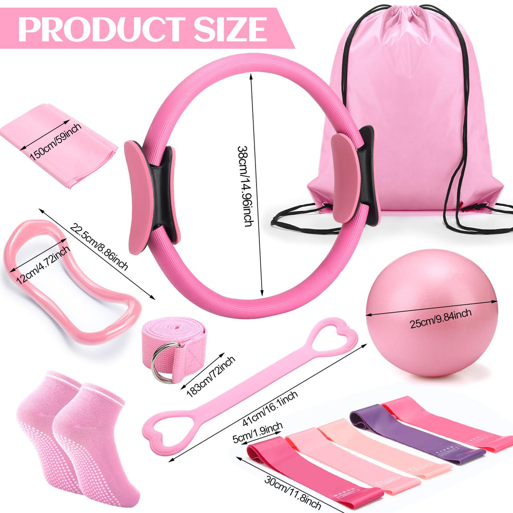 Pilates Ring Circle Set 18 Pcs Exercise Equipment Accessories for Women Workouts Pilates Ball Stretching Strap Magic Circle Yoga Ring Gym Back Bag Resistance Band Anti Slip Socks