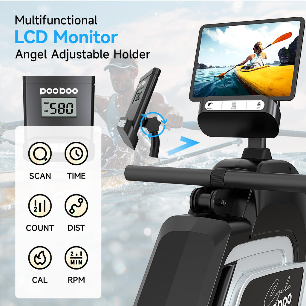 Pooboo Magnetic Rowing Machine 360 LB Weight Capacity, folding rower with Combination Strength exercise, Tablet Holder and Comfortable Seat Cushion, Rower for Home Use