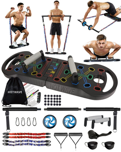 HOTWAVE Portable Exercise Equipment with 16 Gym Accessories,20 in 1 Push Up Board Fitness,Resistance Bands with Ab Roller Wheel,at Home Workout for Men