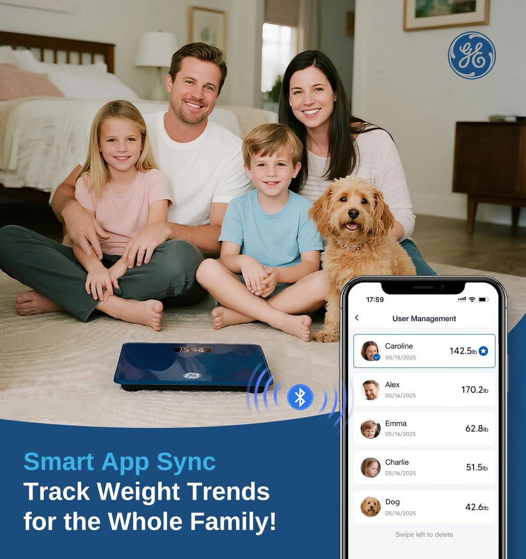 GE Smart Scale for Body Fat, BMI Muscle Mass Digital Bathroom Weight Scales Bluetooth Electronic Body Composition Monitor for People with App Large Display, Accurate 400lb Weighing
