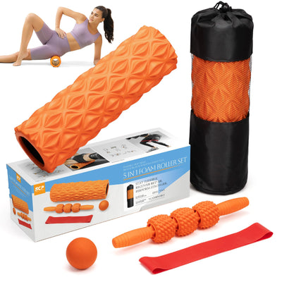 5 in1 Foam Roller Set, Trigger Point Foam Roller, Massage Roller Stick, Massage Ball, Resistance Band for Deep Muscle Massage Pilates Yoga,Fitness Exercise for Whole Body (Black-Red)