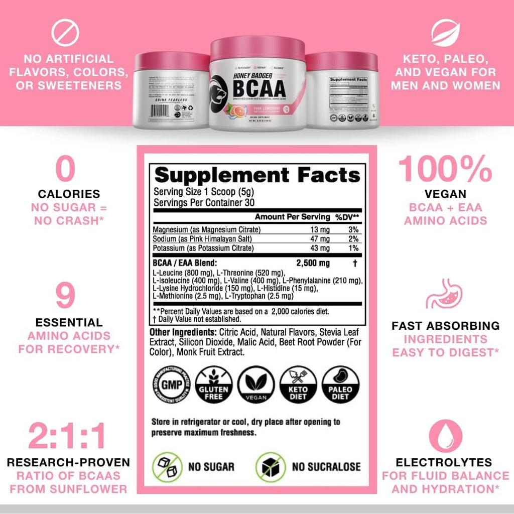 Honey Badger Pre Workout Powder & BCAA Amino Acids Powder Bundle | Beta Alanine, Caffeine & Vitamin C + Electrolytes | Vegan Keto Sugar Free & Paleo for Men & Women | 30 Servings (Pink Lemonade)