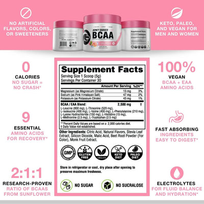 Honey Badger Pre Workout Powder & BCAA Amino Acids Powder Bundle | Beta Alanine, Caffeine & Vitamin C + Electrolytes | Vegan Keto Sugar Free & Paleo for Men & Women | 30 Servings (Pink Lemonade)