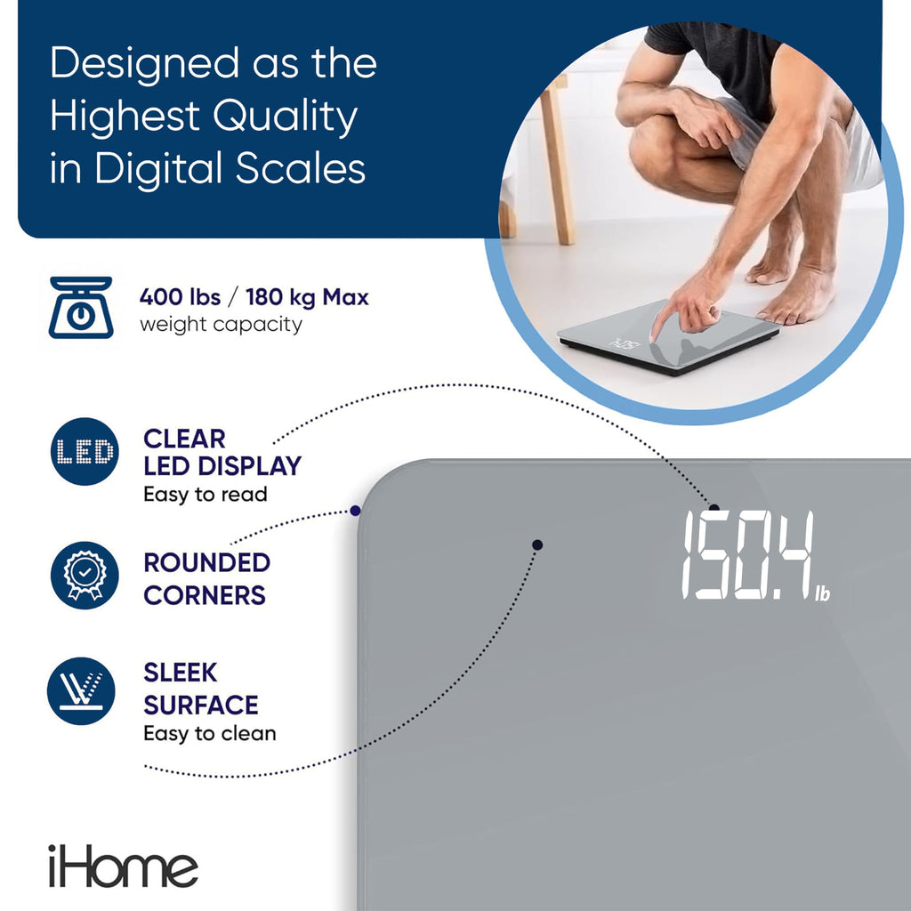 iHome Digital Bluetooth Smart Scale for Body Weight, Weight Scale, Including BMI, Body Fat, Muscle Mass, Batteries Included (Black Smart Bluetooth)