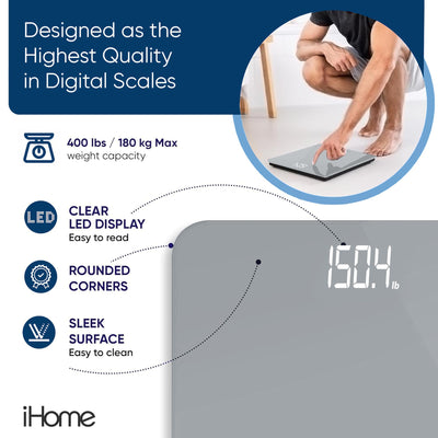 iHome Digital Bluetooth Smart Scale for Body Weight, Weight Scale, Including BMI, Body Fat, Muscle Mass, Batteries Included (Black Smart Bluetooth)