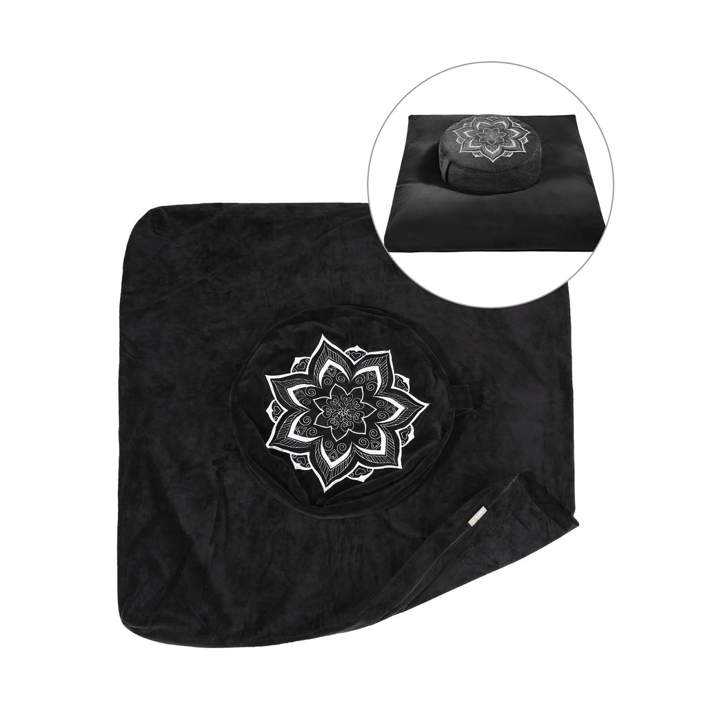 Meditation Zafu Cushion Set with Buckwheat Hulls & Memory Foam - Ergonomic Support for Yoga & Sitting - Removable Machine-Washable Luxury Velvet Cover - for Adults and Kids (Blue)