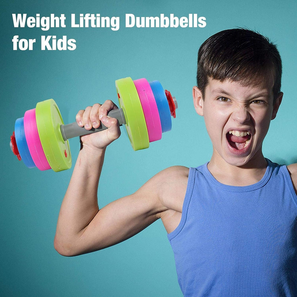 Kids Workout Dumbbell Weights Set - Toddler Toy Gym Equipment for Pretend Play Lifting, Exercise & Fitness - Adjustable Fill with Sand or Water
