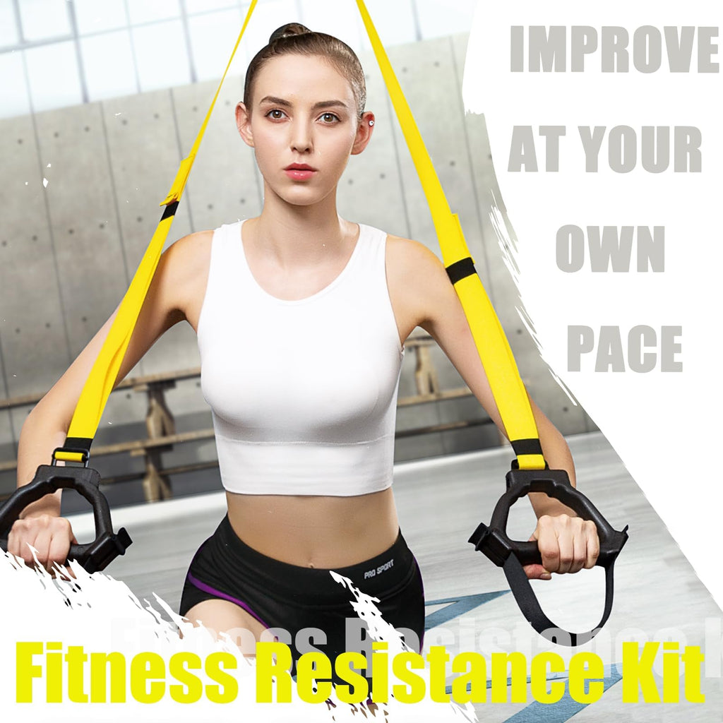 Bodyweight Resistance Training Straps, Complete Home Gym Fitness Trainer kit for Full-Body Workout, Included Door Anchor, Extension Strap, Fitness Guide