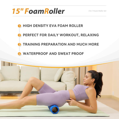 5 in1 Foam Roller Set, Trigger Point Foam Roller, Massage Roller Stick, Massage Ball, Resistance Band for Deep Muscle Massage Pilates Yoga,Fitness Exercise for Whole Body (Black-Red)