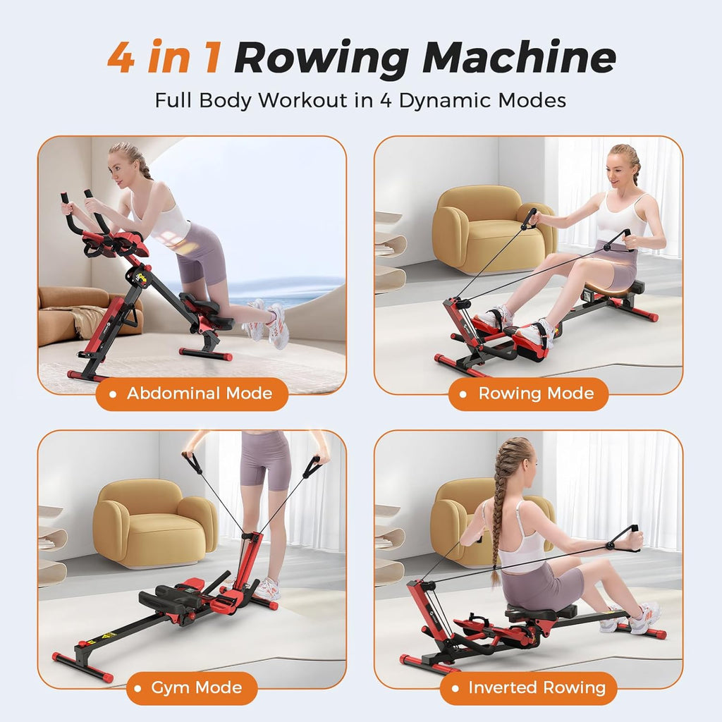 Rowing Machine, 4 in 1 Rowing and Ab Machine with 2 Levels of Workout Resistance, Quiet & Foldable Rower Machine with 3 Adjustable Handle Heights & LCD Monitor, Row Machine for Home Exercise