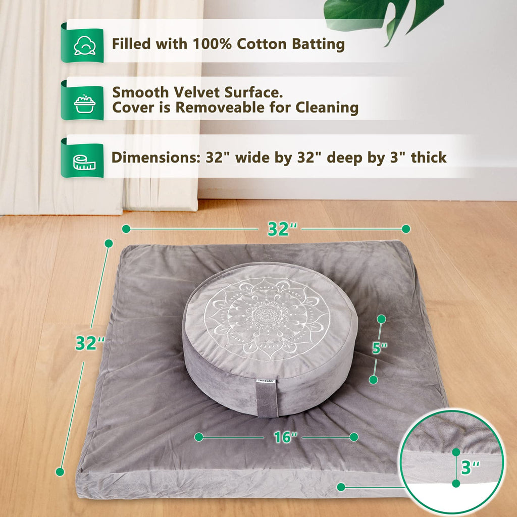 Hihealer Meditation Cushion, Traditional Tibetan Meditation Pillow Velvet Cover - Large Floor Cushion Seating for Adults - Yoga Buckwheat Bolster for Women、Moms