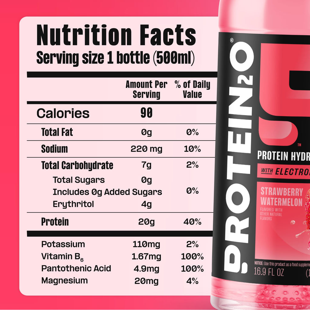 Protein2o Hydration Drink - 2-in-1 Liquid Clear Whey Protein Isolate and Electrolyte Drink - 20g Protein, Vitamins B5, B6 - Post-Workout Recovery - 16.9 Fl Oz - 12 Count Strawberry Watermelon