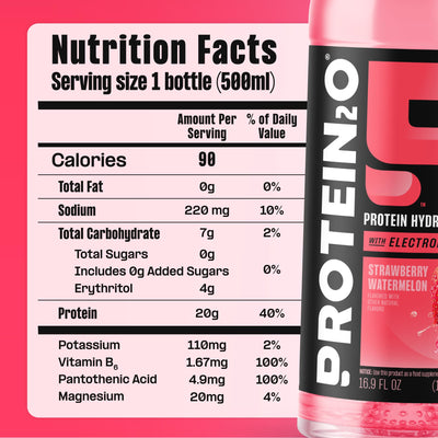 Protein2o Hydration Drink - 2-in-1 Liquid Clear Whey Protein Isolate and Electrolyte Drink - 20g Protein, Vitamins B5, B6 - Post-Workout Recovery - 16.9 Fl Oz - 12 Count Strawberry Watermelon