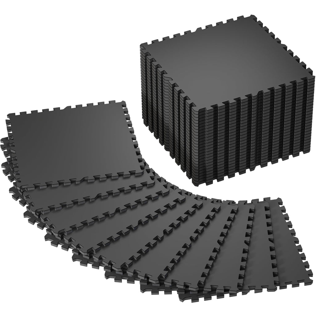 SUPERJARE 0.56'' Thick 12 Pcs 48 Sq Ft Rubber Top Exercise Equipment Mats, High Density EVA Foam Mats with Rubber Top, Interlocking Gym Flooring for Home Gym, Protective Workout Mat, Black/Grey