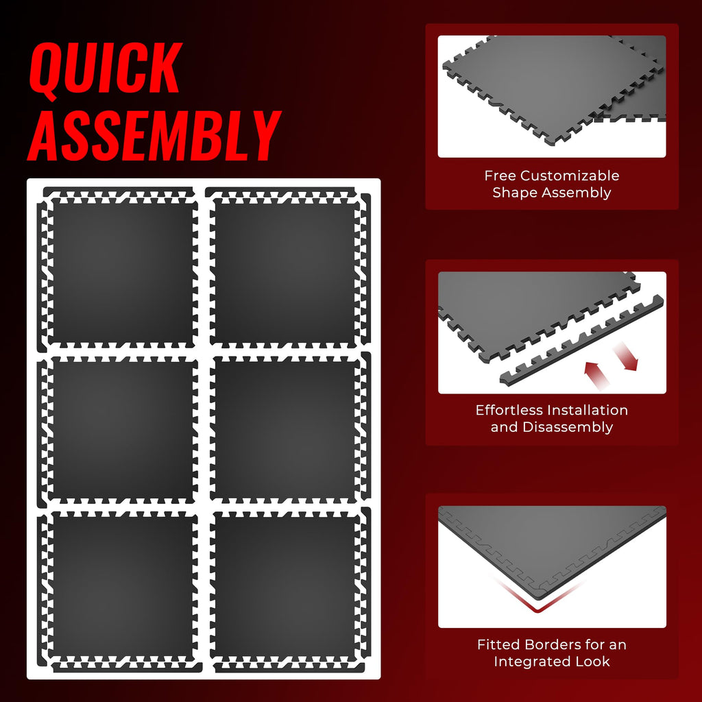 SUPERJARE 0.56'' Thick 12 Pcs 48 Sq Ft Rubber Top Exercise Equipment Mats, High Density EVA Foam Mats with Rubber Top, Interlocking Gym Flooring for Home Gym, Protective Workout Mat, Black/Grey