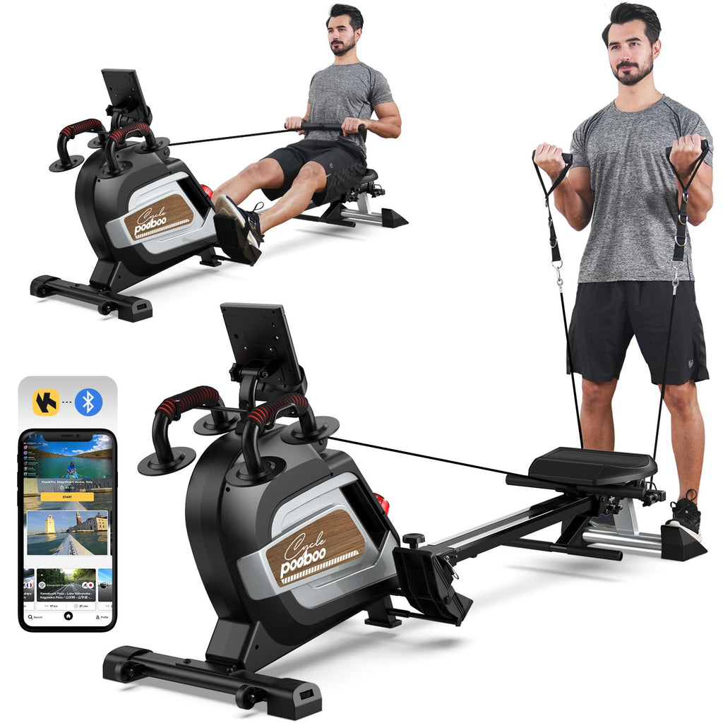 Pooboo Magnetic Rowing Machine 360 LB Weight Capacity, folding rower with Combination Strength exercise, Tablet Holder and Comfortable Seat Cushion, Rower for Home Use