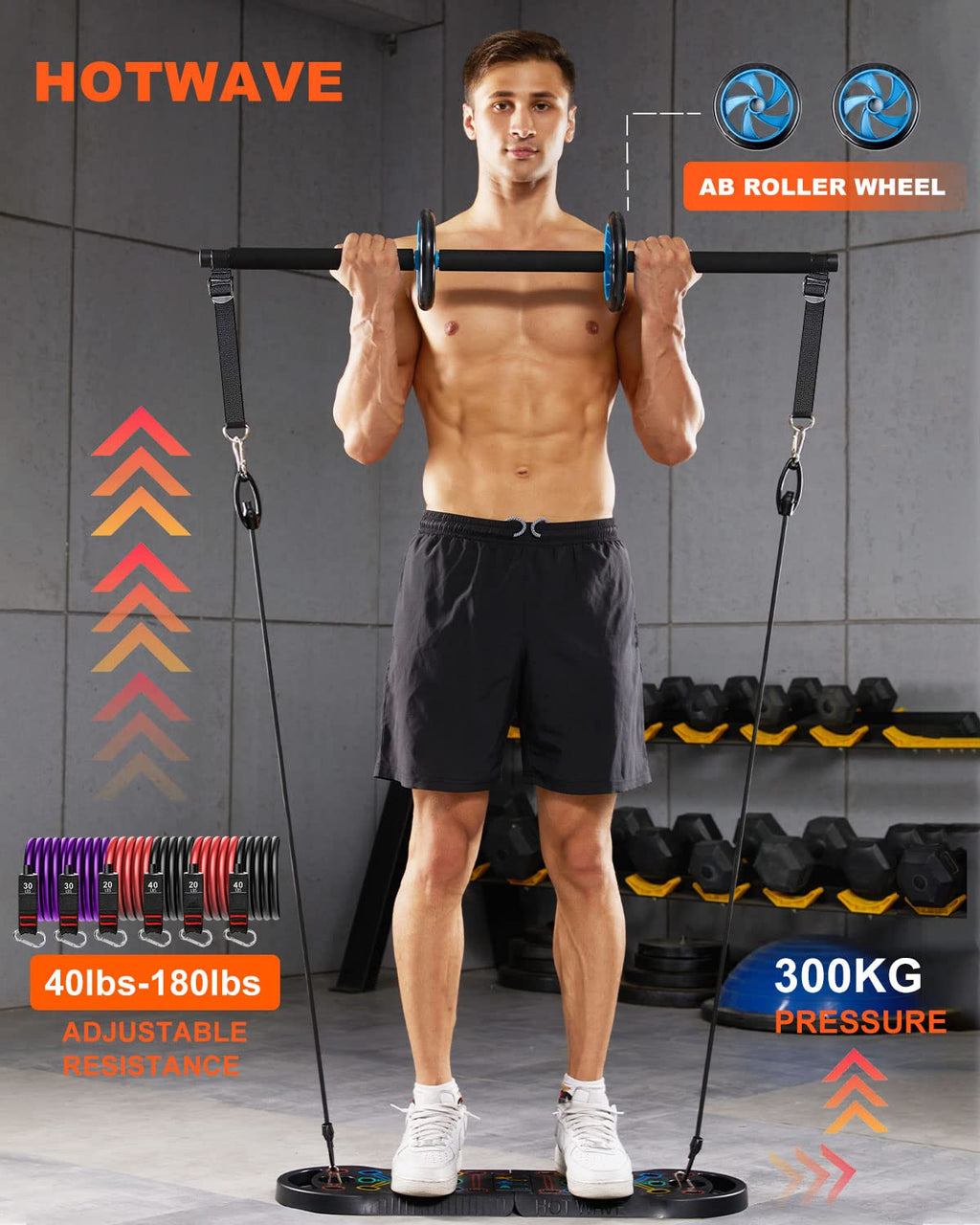 HOTWAVE Portable Exercise Equipment with 16 Gym Accessories,20 in 1 Push Up Board Fitness,Resistance Bands with Ab Roller Wheel,at Home Workout for Men