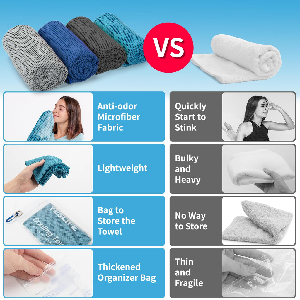 YESLIFE 4 Pack Cooling Towel 40"x12", Gym Towels for Men and Women, Soft Breathable Workout Towels for Yoga, Running, Sport, & More (Blue, Grey, Green, Pink)