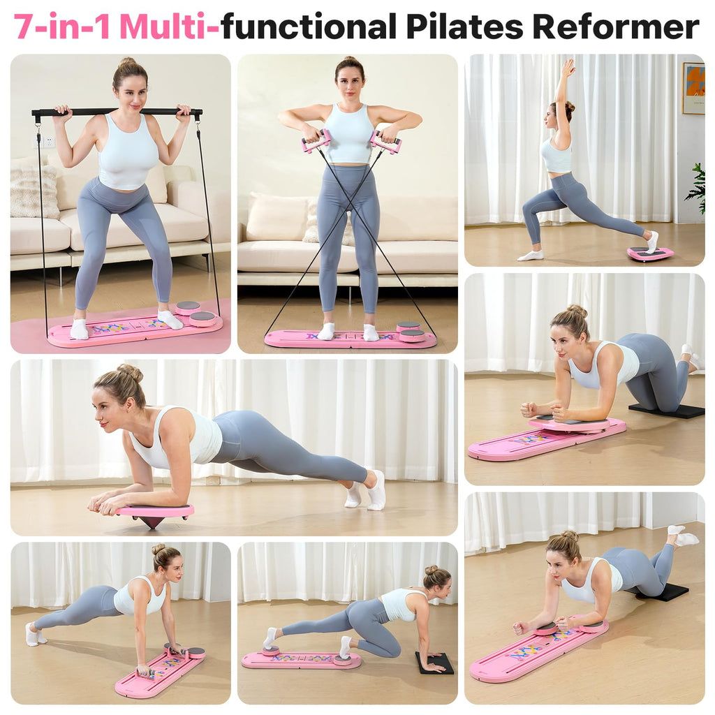 Pilates Board, Pilates Reformer Set, 7 in 1 Multifunctional Pilates Reformer Machine with Timer, Portable Foldable Pilates Board for Home Workout, Pilates Kit with Storage Bag