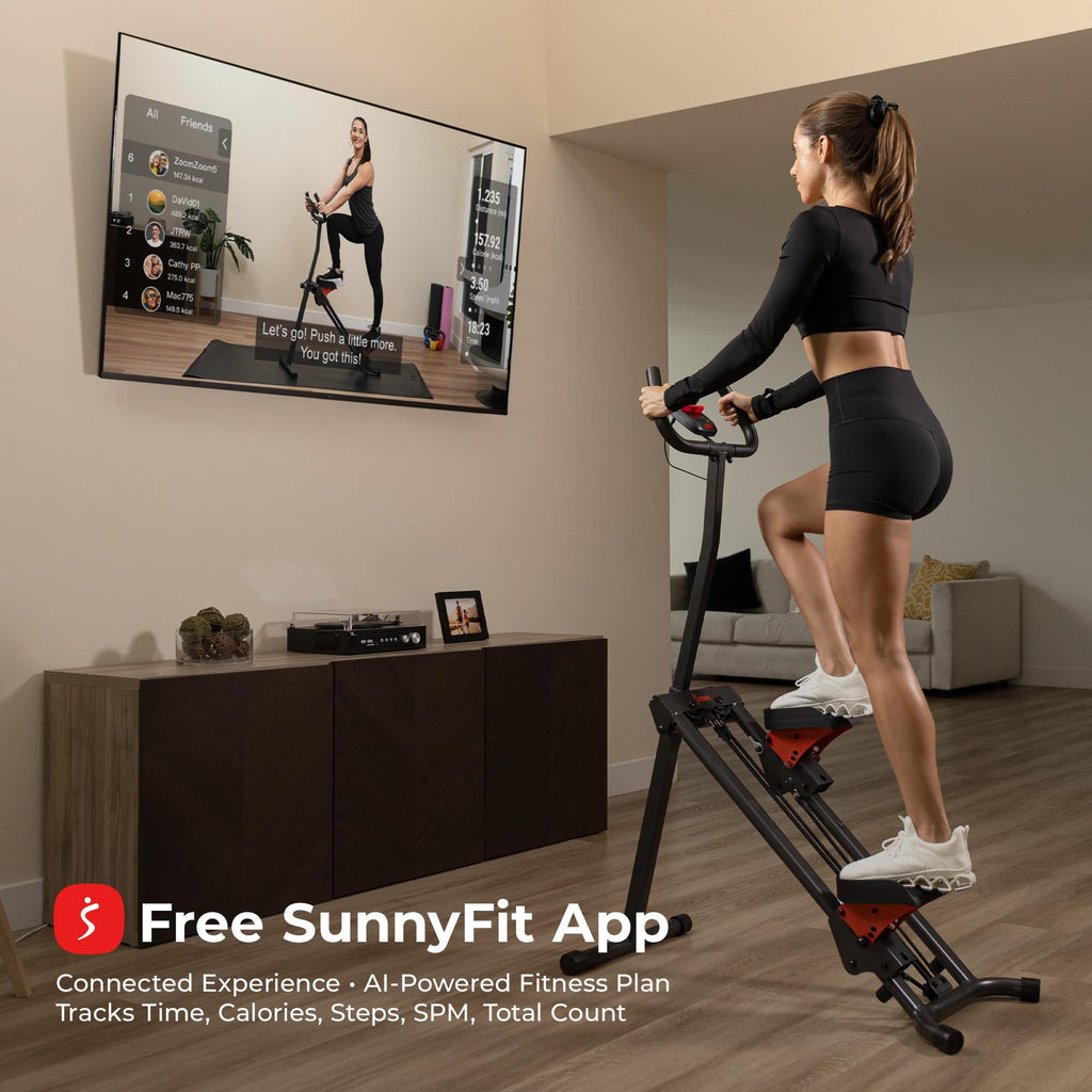 Sunny Health & Fitness Stair Stepper w/Handlebar, Extended Step Range Climber Machine for Legs, Core and Glute Workouts, Connection with Free SunnyFit App