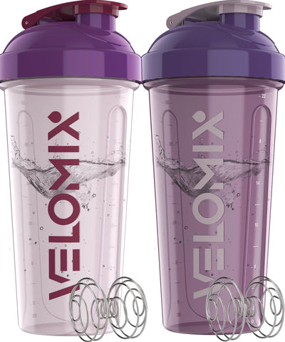 VELOMIX -2 Pack- 28 oz Protein Shaker Bottles for Protein Mixes - 2x Wire Whisk | Leak Proof Shaker Cups for Protein Shakes | Protein Shaker Bottle Pack (Black/Transparent)