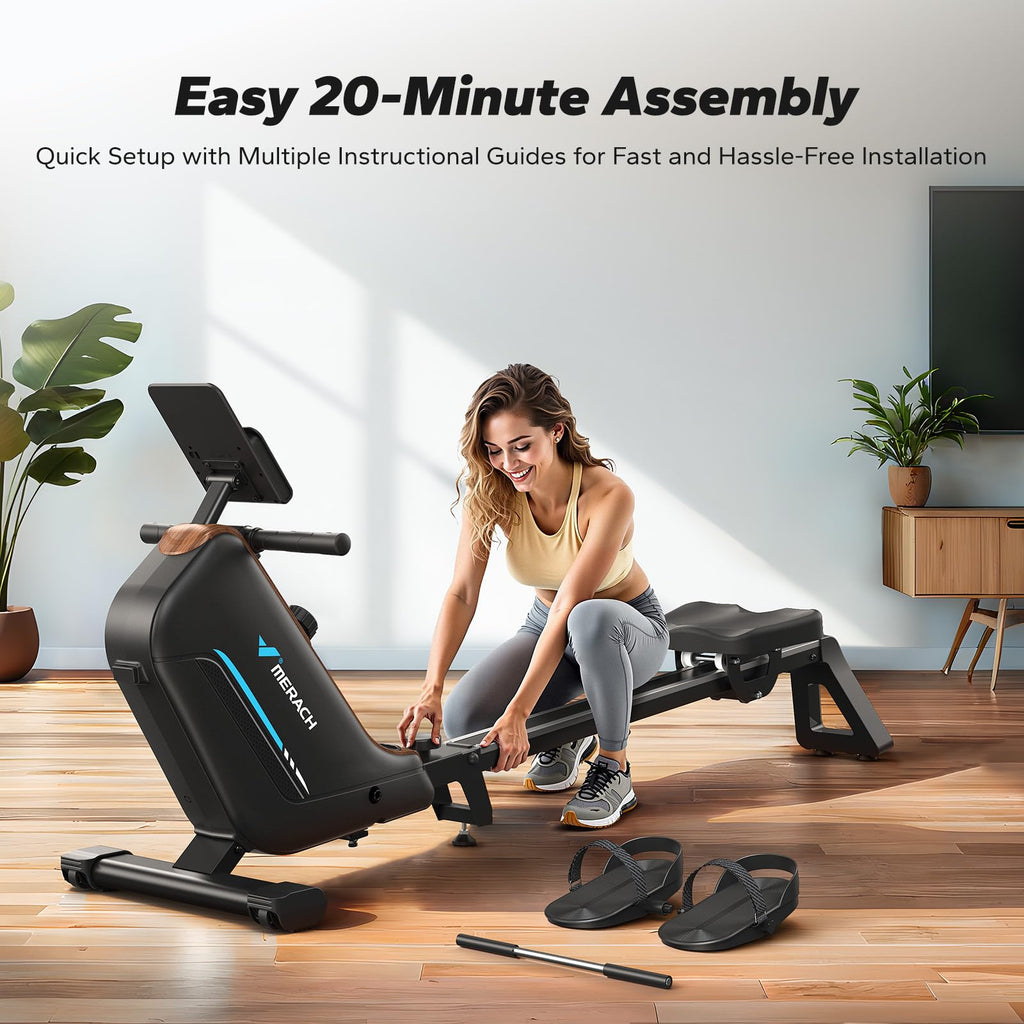 MERACH Rowing Machines for Home, Powerful Electromagnetic Row Machine with 51.2" Extended Rail, 16-Level Handle Resistance Adjustment Rower, 350 LBS Load Capacity, Ergonomic Comfort Seat, Easy Storage