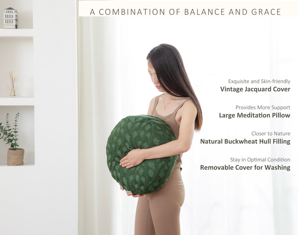 Meditation Cushion, Comfortable Meditation Pillow with Peacock Feather Jacquard Cover. Buckwheat Hull Filled Zafu Floor Pillow 16 * 16 * 5 in