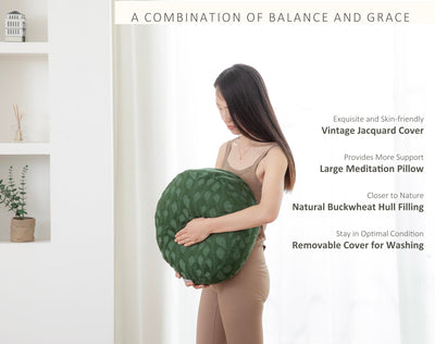 Meditation Cushion, Comfortable Meditation Pillow with Peacock Feather Jacquard Cover. Buckwheat Hull Filled Zafu Floor Pillow 16 * 16 * 5 in