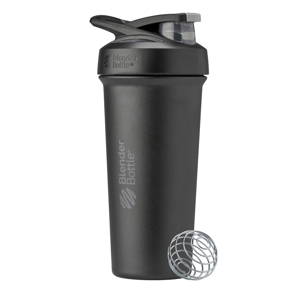 BlenderBottle Strada Shaker Cup Insulated Stainless Steel Water Bottle with Wire Whisk, 24-Ounce, Black