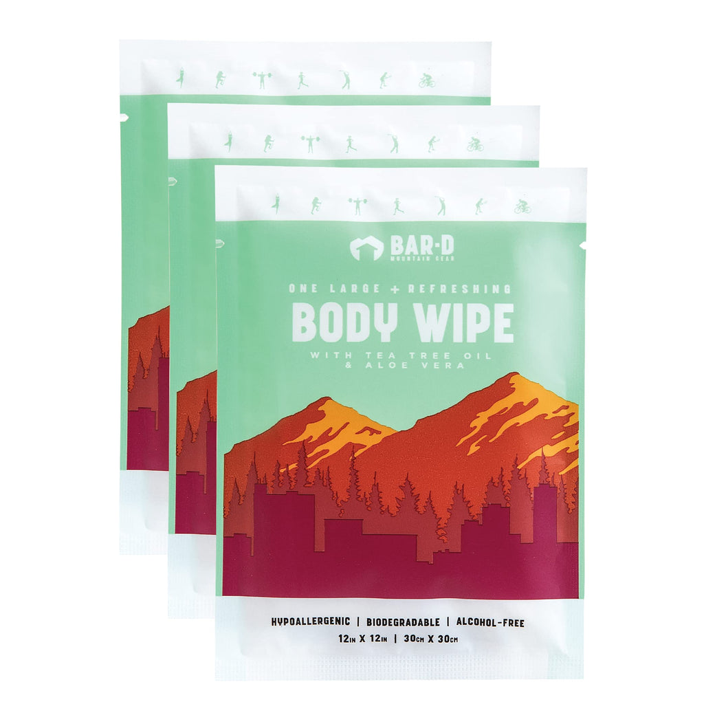 Bar-D Biodegradable Body Wipes with Tea Tree Oil & Aloe Vera - Refreshing Shower Wipes Great for Camping, Hiking, Post Workout and Travel (3-Pack, 10 Wipes/Pack)