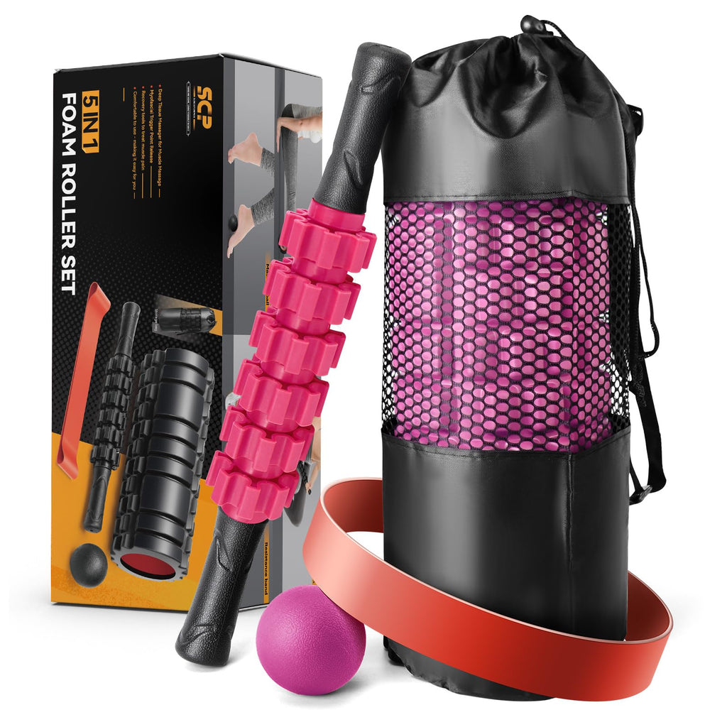 5 in1 Foam Roller Set, Trigger Point Foam Roller, Massage Roller Stick, Massage Ball, Resistance Band for Deep Muscle Massage Pilates Yoga,Fitness Exercise for Whole Body (Black-Red)