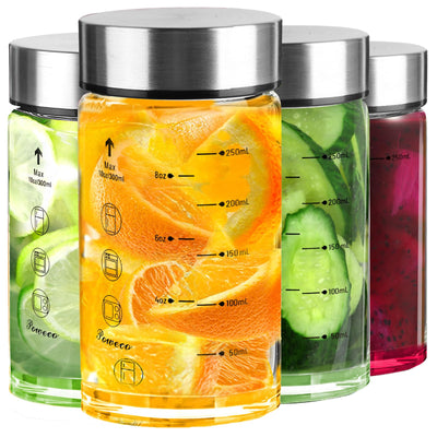 Glass Juice Bottles 4 Pack 20 oz - Wide Mouth Glass Water Bottles with Lids - for Juicing, Protein, Smoothie, Milk, Reusable, BPA Free, Stainless Steel Lids, Blender, Shaker Bottle (20oz/600ml)