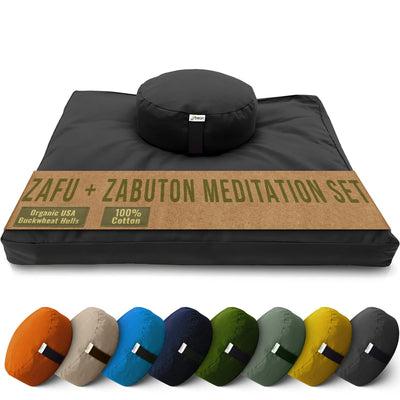 Bean Products Meditation Cushion Mat Set - Zafu Floor Pillow Organic Buckwheat Pillow + Cotton Filled Zabuton Prayer Pad - Meditation Pillow Yoga Knee Pad - Made in USA - 14" Round or 18" Oval