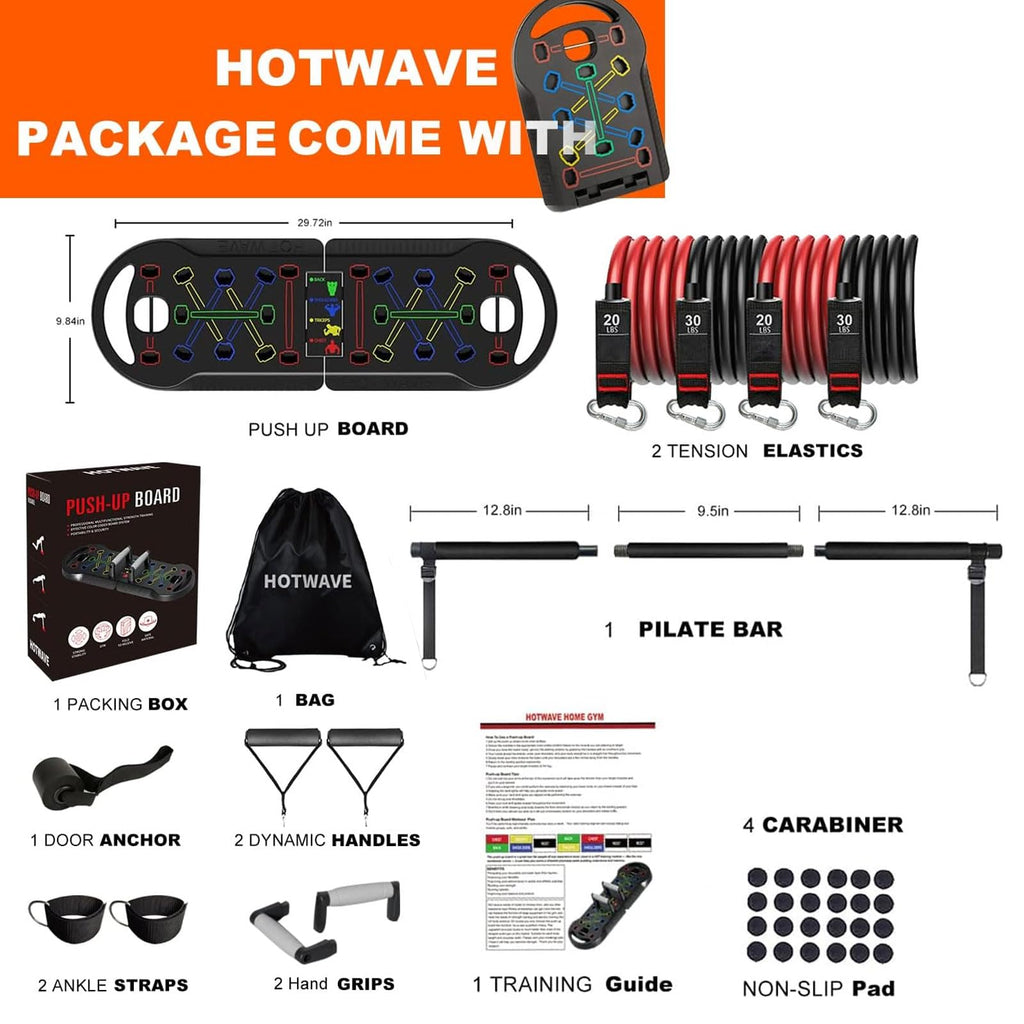 HOTWAVE Portable Exercise Equipment with 16 Gym Accessories,20 in 1 Push Up Board Fitness,Resistance Bands with Ab Roller Wheel,at Home Workout for Men