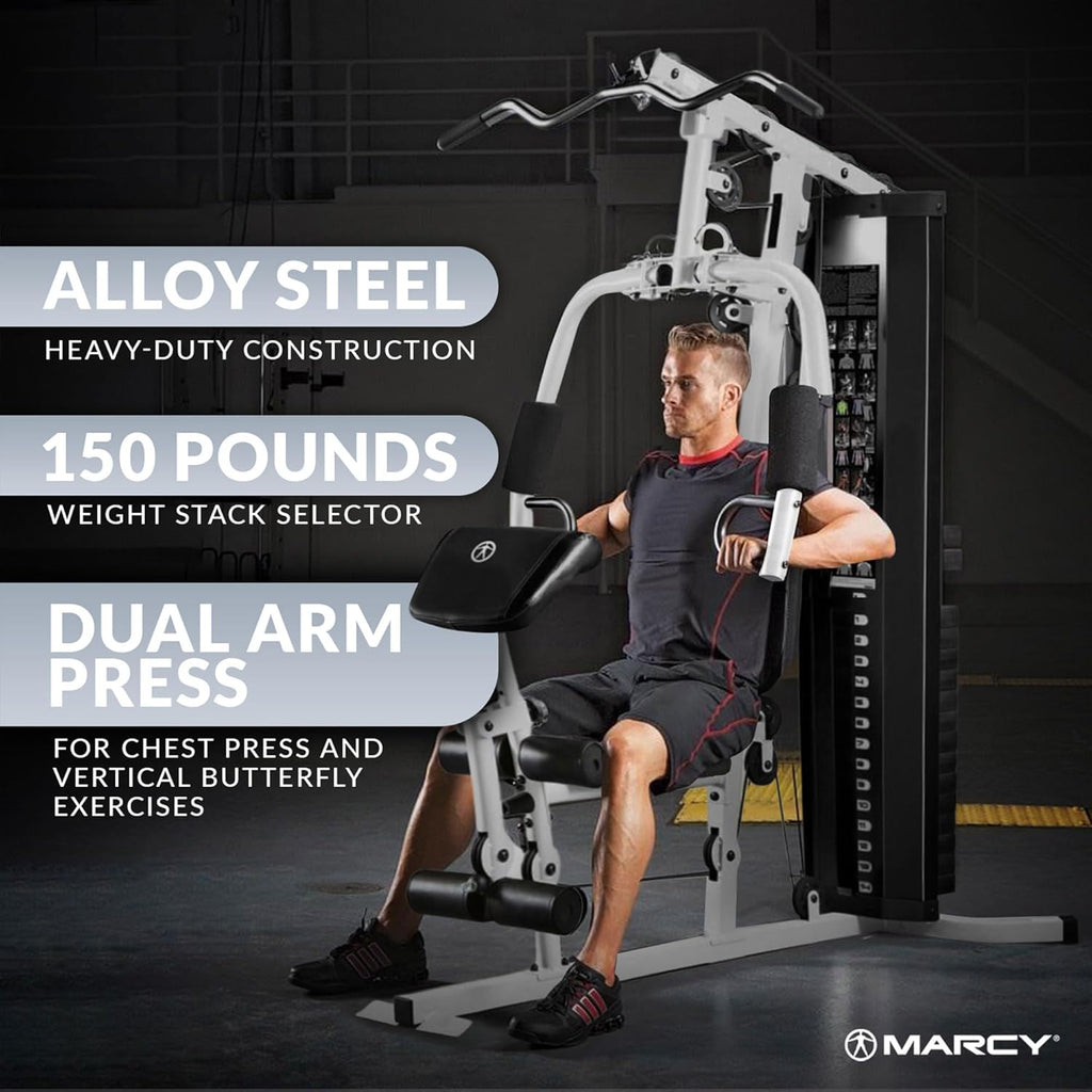 Marcy Home Gym Workout Station with Curl Pad, Lat Pulldown, Leg Developer & Weights, White