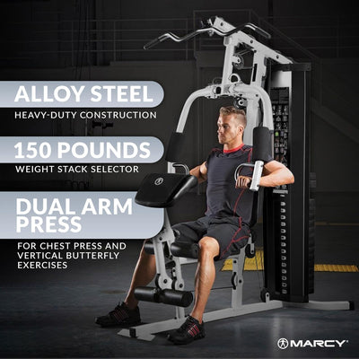 Marcy Home Gym Workout Station with Curl Pad, Lat Pulldown, Leg Developer & Weights, White