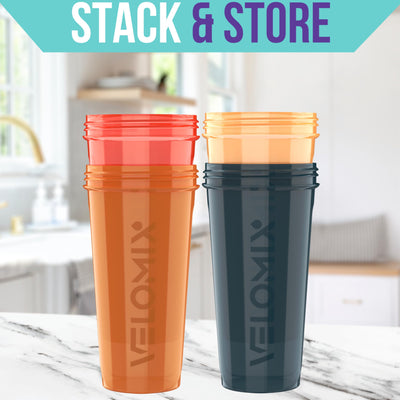 VELOMIX -4 PACK- 28 oz Protein Shaker Bottle for Protein Mixes - 4x Wire Whisk | Leak Proof Shaker Cups for Protein Shakes | Protein Shaker Bottle Pack | Protein Shake Cup (Brown)