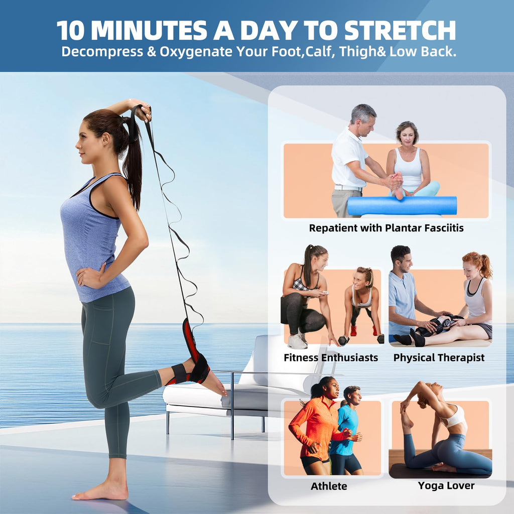 Foot and Calf Stretcher-Stretching Strap For Plantar Fasciitis, Heel Spurs, Foot Drop, Achilles Tendonitis & Hamstring. Yoga Foot & Leg Stretch Strap. (Black)