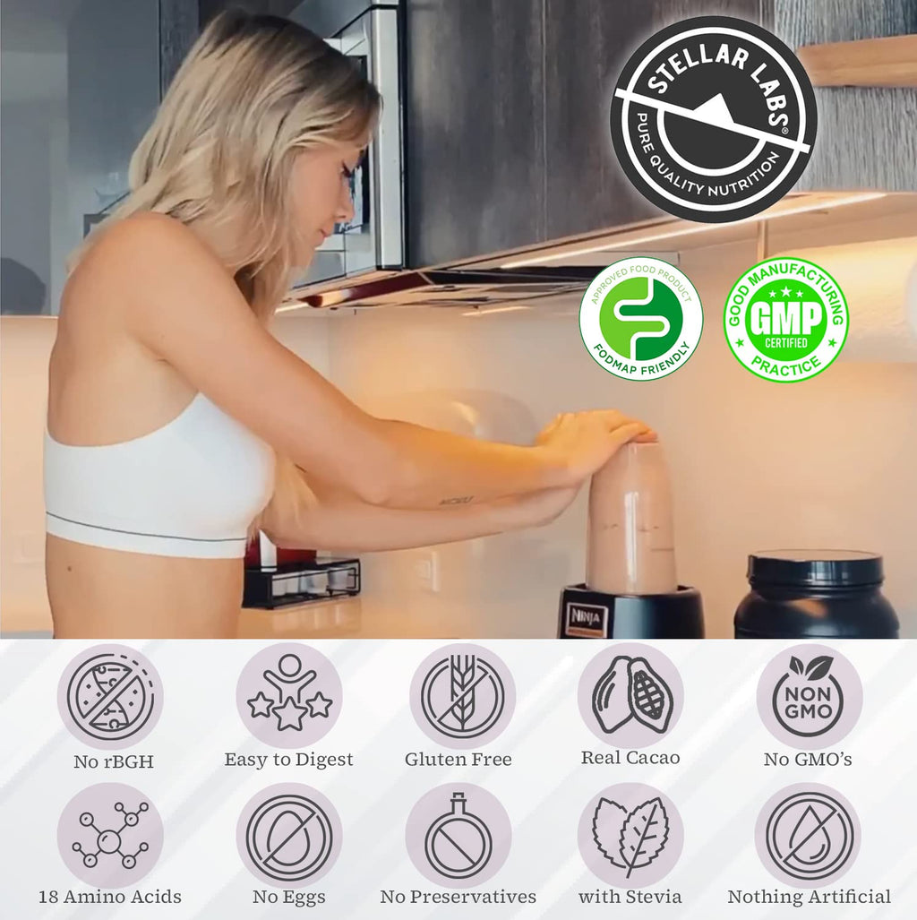 Stellar Labs Whey Protein Powder with BCAA's & Whey Isolate | Certified Low FODMAP, Non GMO, Gluten Free, Soy Free, Low Carb, Keto, with Stevia | All Natural Lean Post Workout Shakes | Salted Caramel