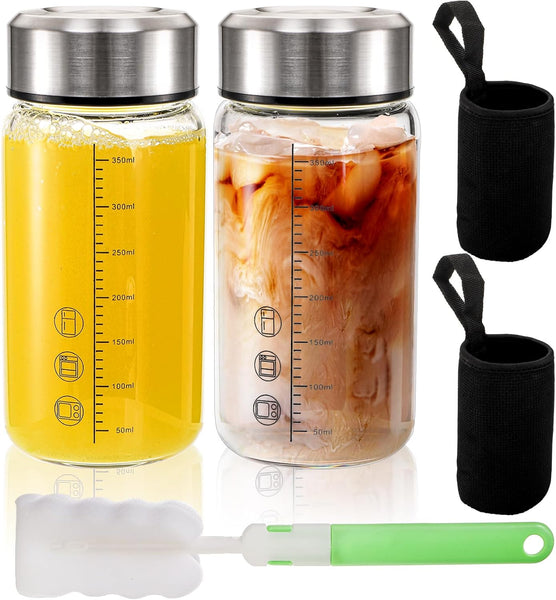 2 Pack Glass Bottles with Lids, 12 Oz Wide Mouth Shaker Bottle with Sleeve, Leakproof Glass Mixing Sports Drinking Bottles for Protein Mixs, Juice, Vitamin