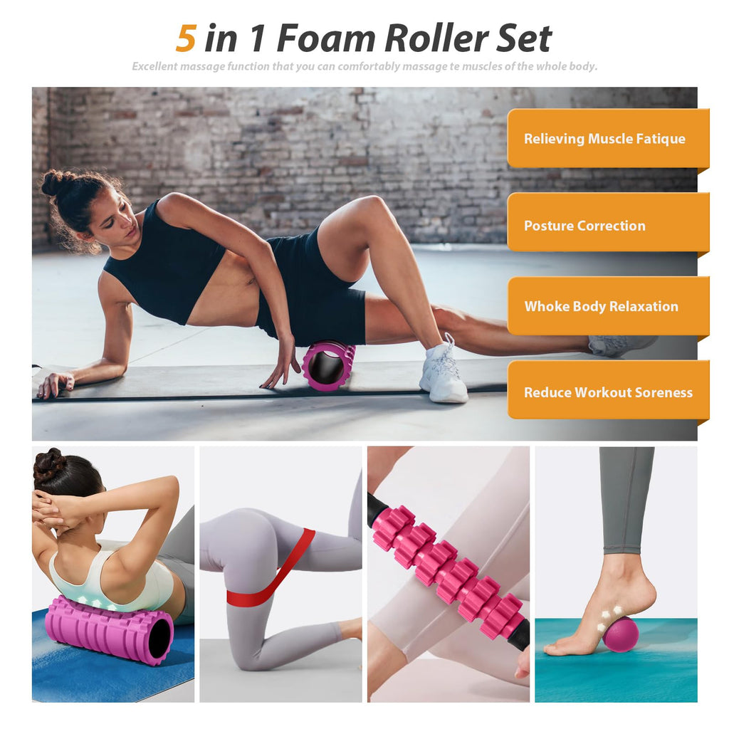 5 in1 Foam Roller Set, Trigger Point Foam Roller, Massage Roller Stick, Massage Ball, Resistance Band for Deep Muscle Massage Pilates Yoga,Fitness Exercise for Whole Body (Black-Red)
