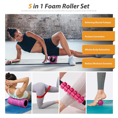 5 in1 Foam Roller Set, Trigger Point Foam Roller, Massage Roller Stick, Massage Ball, Resistance Band for Deep Muscle Massage Pilates Yoga,Fitness Exercise for Whole Body (Black-Red)
