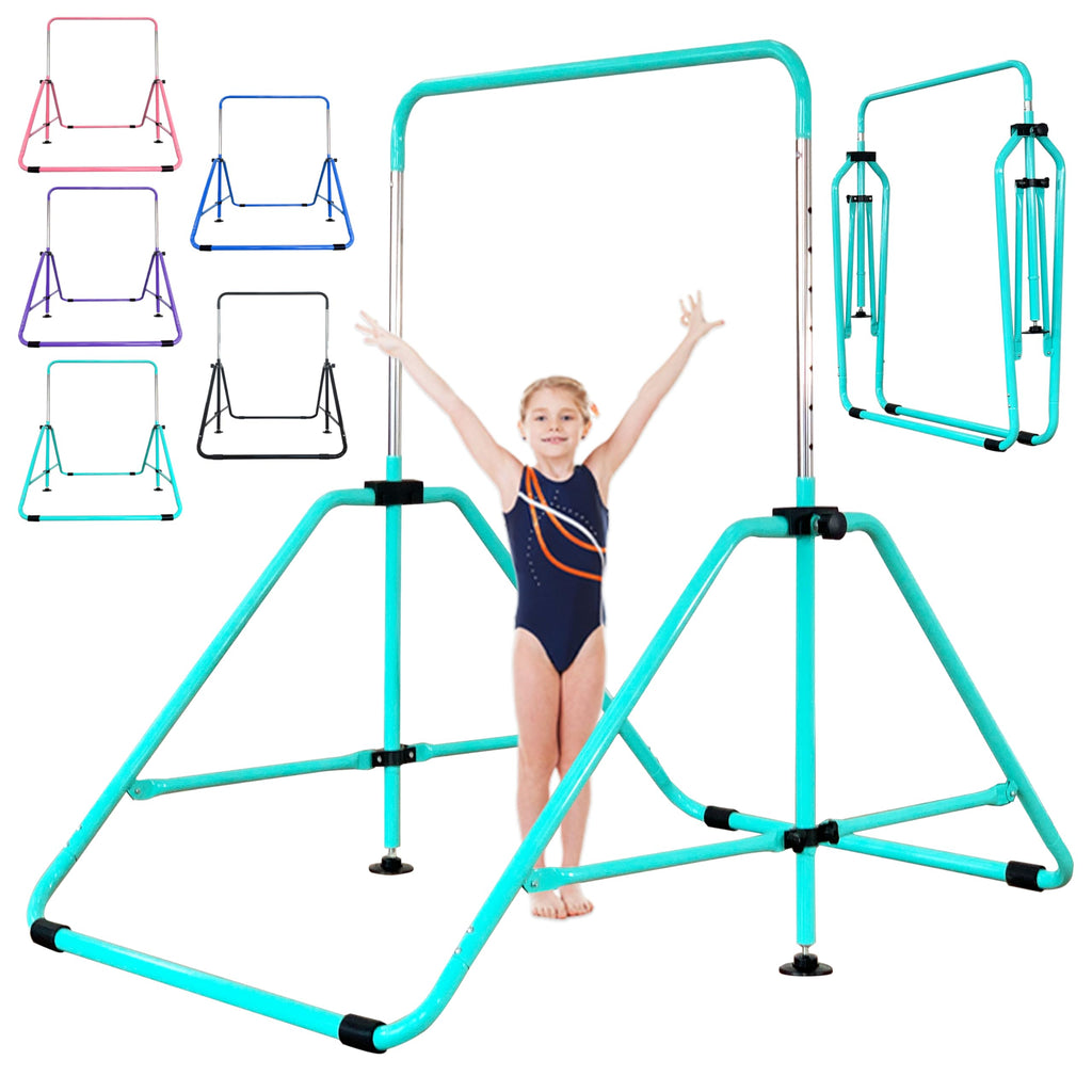 MARFULA Foldable Gymnastic Bar for Kids Ages 3-9, 9 Height Levels, 200 lbs Weight Capacity, 5 Ft Length Gymnastic Kip Bar with Mat, Gymnastic Equipment for Home and Gym Center Indoor Outdoor Use