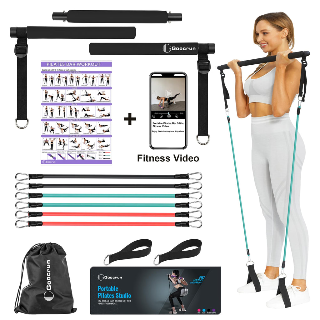 Portable Pilates Bar Kit with Resistance Bands for Men and Women - 3 Set Exercise Resistance Bands - Multifunctional Home Gym - Supports Full-Body Workouts – with Fitness Poster and Video