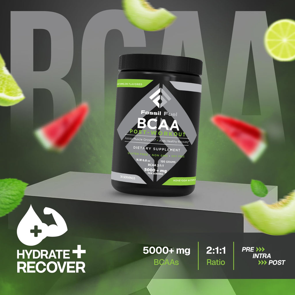 Fossil Fuel Sugar-Free BCAA Powder – Post-Workout Muscle Recovery with BCAAs, Glutamine, Vitamin B6, Amino Acids, Endurance & Hydration, Honeydew Watermelon (30 Servings)