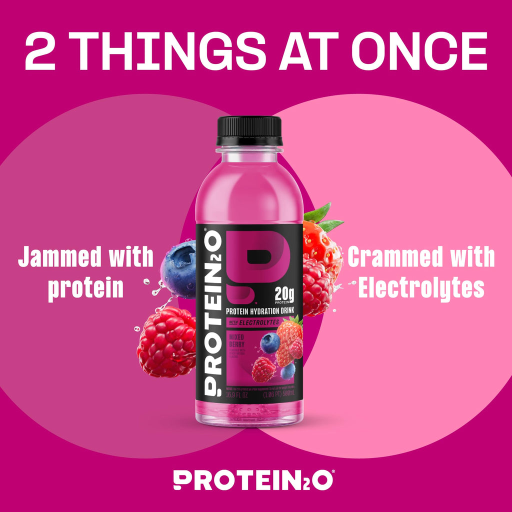 Protein2o Hydration Drink - 2-in-1 Liquid Clear Whey Protein Isolate and Electrolyte Drink - 20g Protein, Vitamins B5, B6 - Post-Workout Recovery - 16.9 Fl Oz - 12 Count Strawberry Watermelon